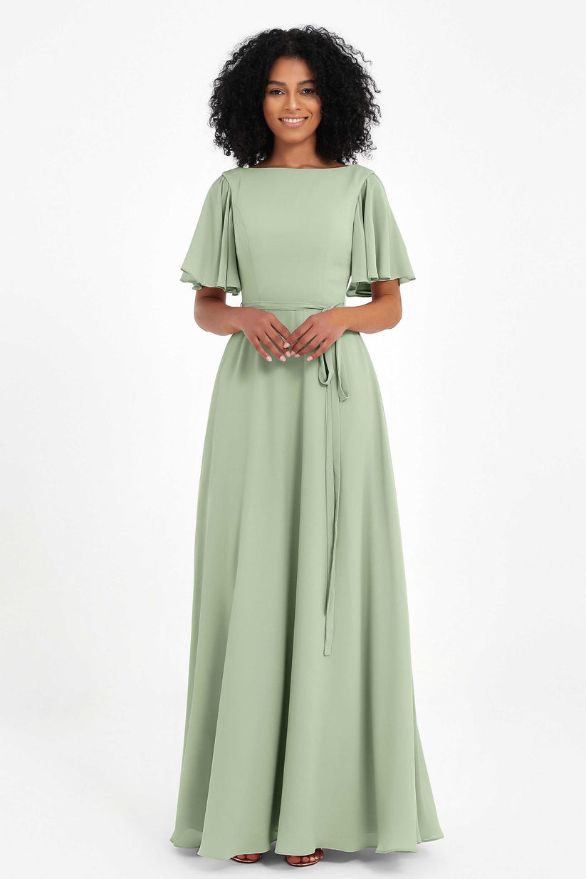 Scoop Long Junior Bridesmaid Dress With Flutter Sleeves Dusty Sage