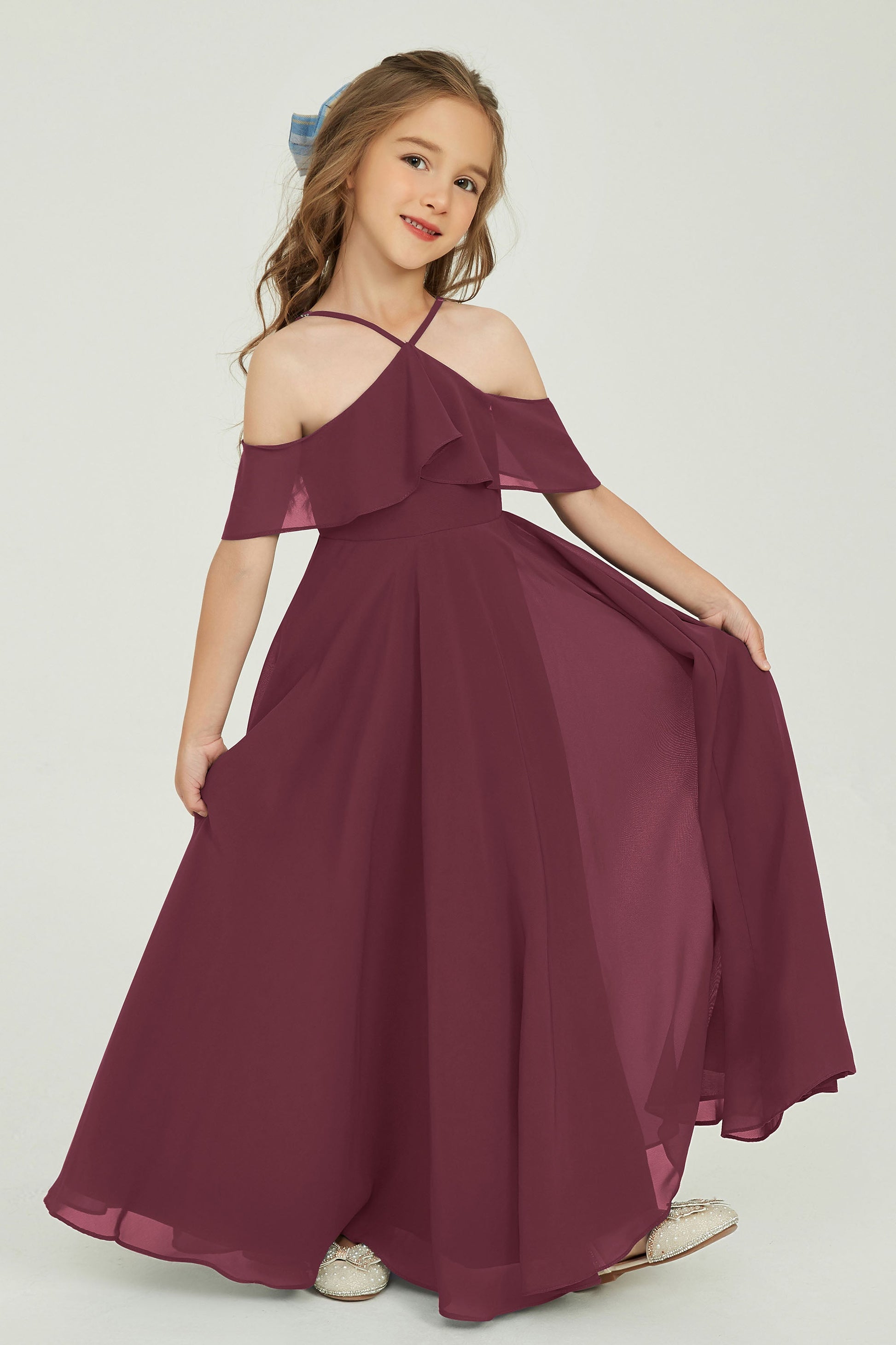 Off Shoulder Chiffon Junior Bridesmaid Dress With Flutter Sleeves DUNTERY UK Off Shoulder Chiffon Junior Bridesmaid Dress With Flutter Sleeves DUNTERY UK