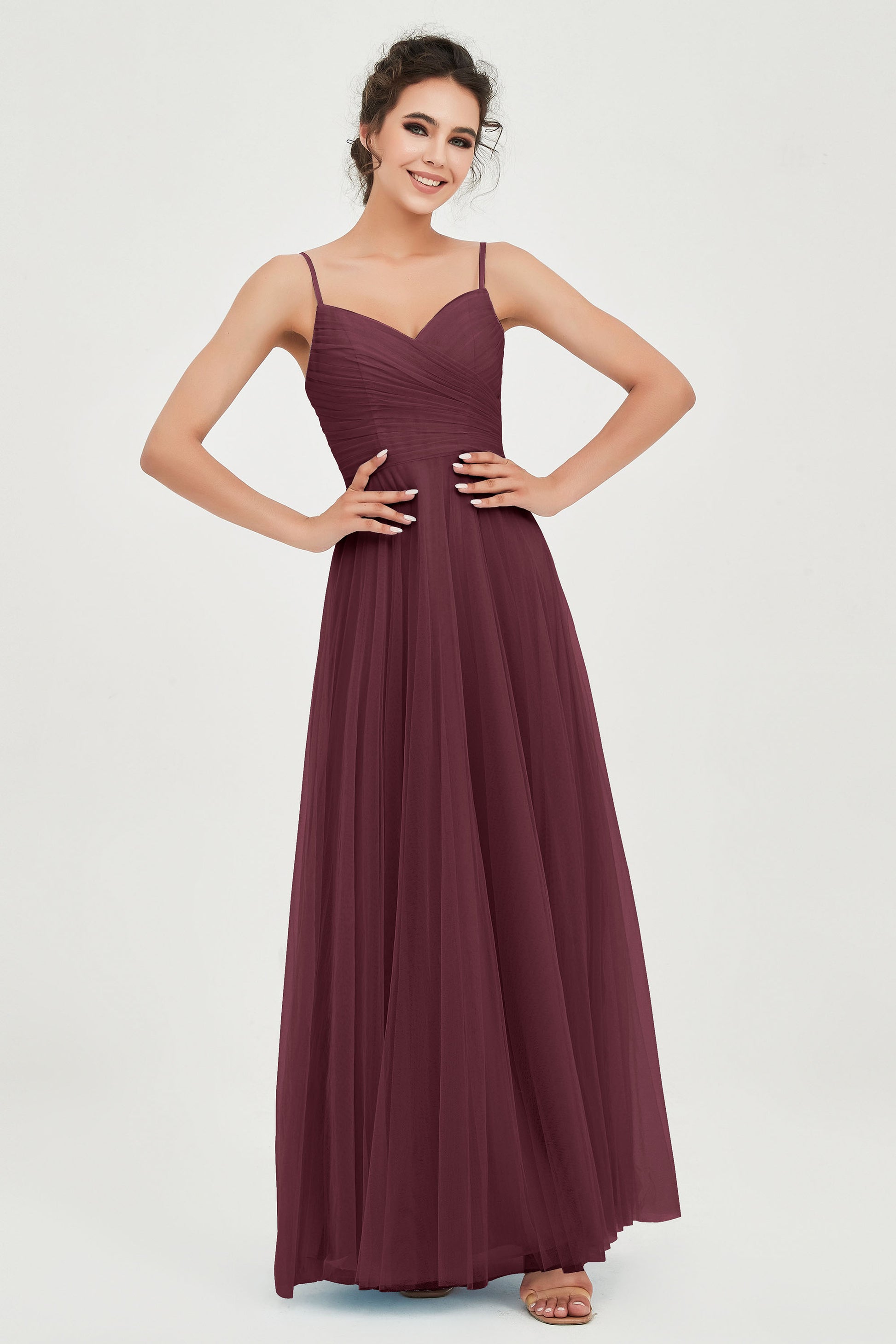 Spaghetti Straps Pleated Bodice Long Bridesmaid Dress with Open Back –  DUNTERY UK