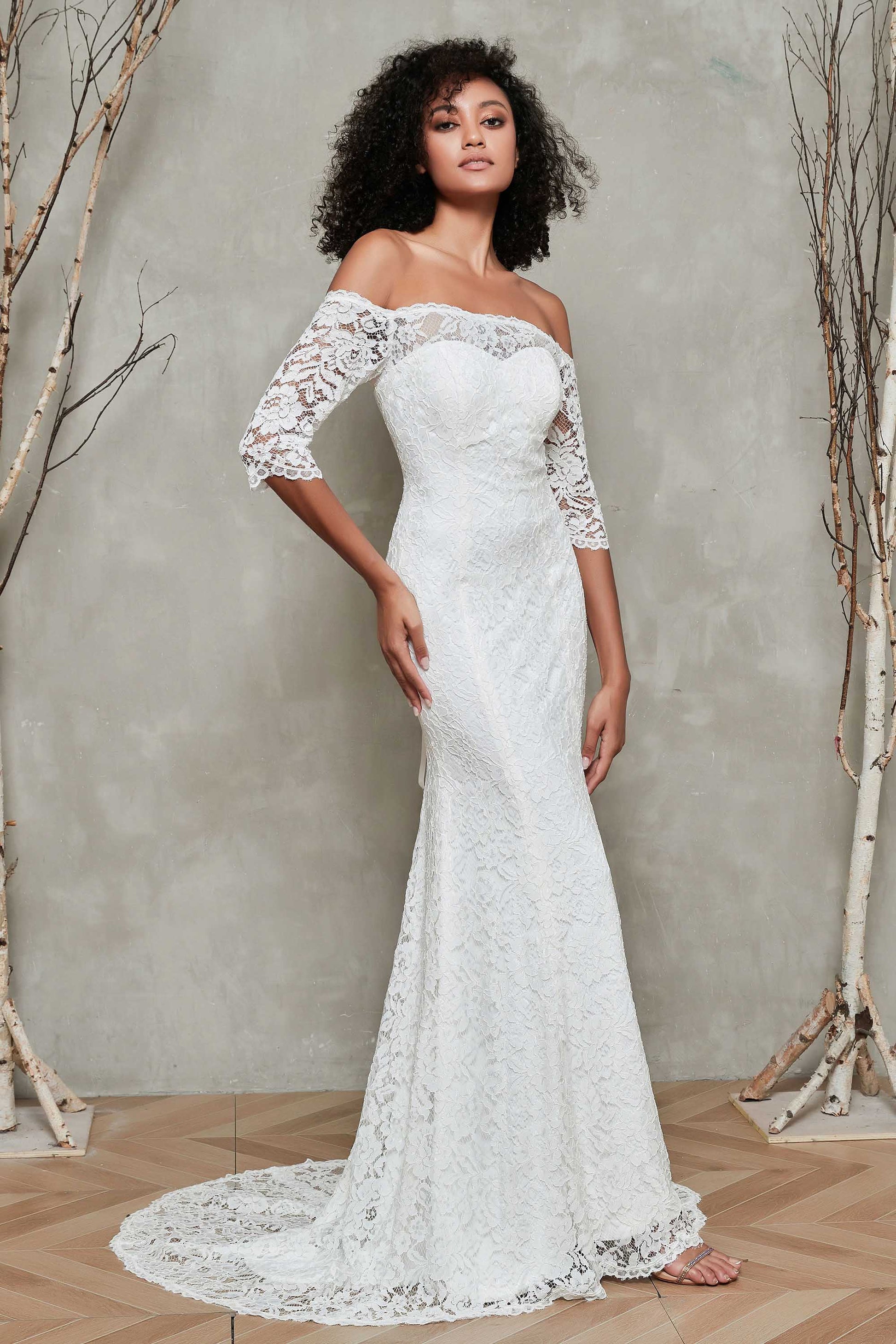 Lace Wedding Dress Cascading Train with Off the Shoulder Sleeves DUNTERY UK Lace Wedding Dress Cascading Train with Off the Shoulder Sleeves DUNTERY UK