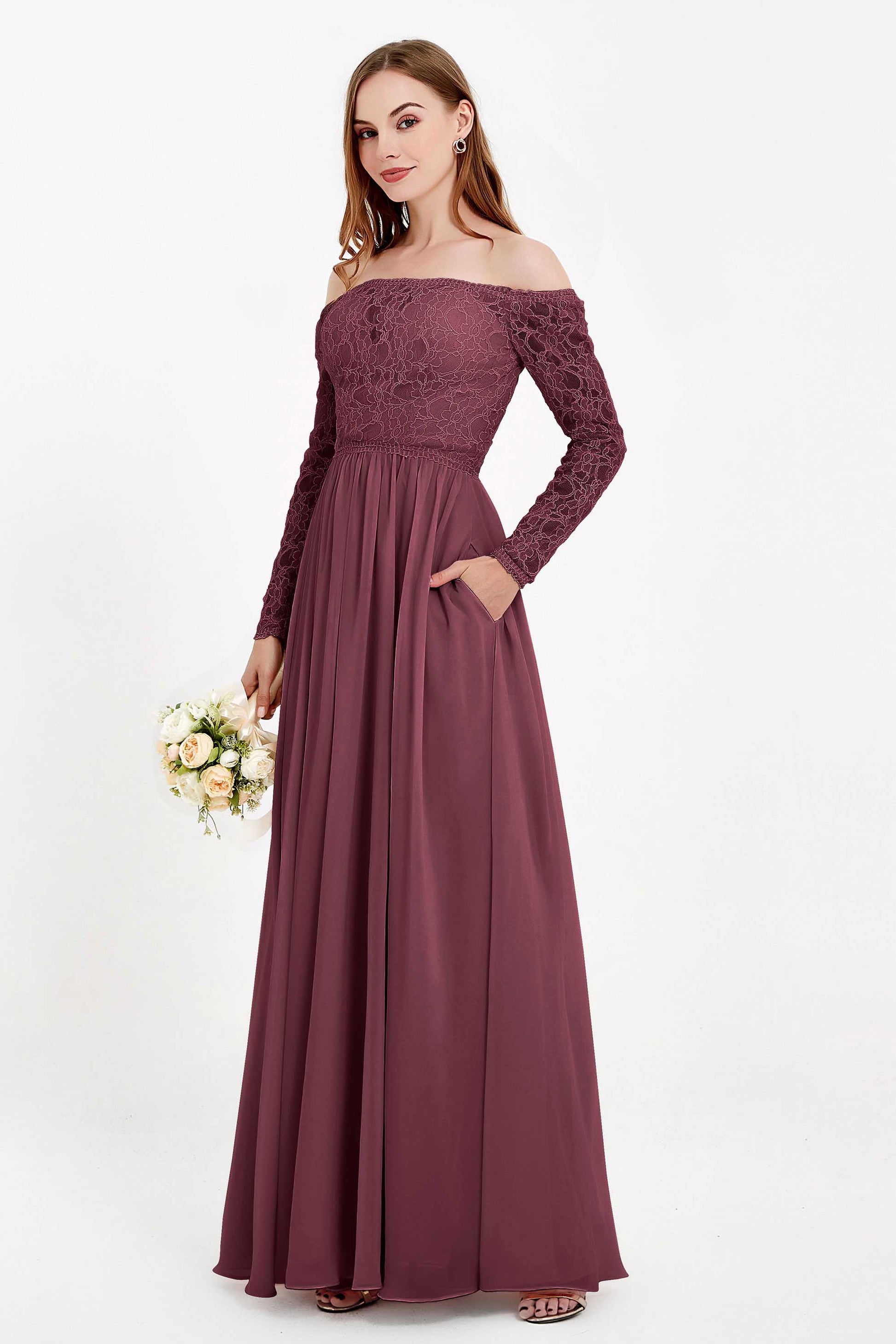 Long Sleeves Lace Chiffon Maxi Dress with Pockets DUNTERY UK Long Sleeves Lace Chiffon Maxi Dress with Pockets DUNTERY UK