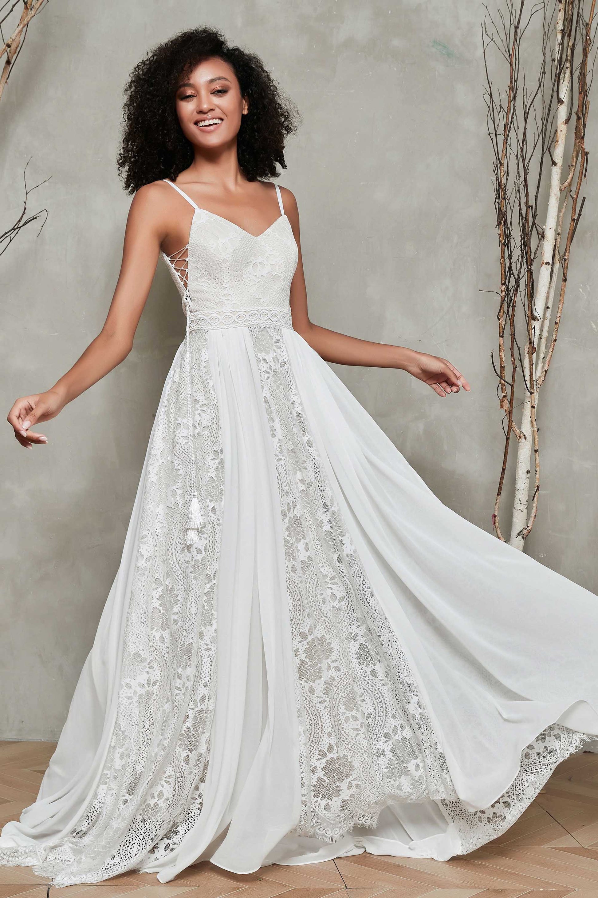 Duntery V Neck Backless Lace Tulle Wedding Gown with Train, Champagne Duntery V Neck Backless Lace Tulle Wedding Gown with Train, Champagne