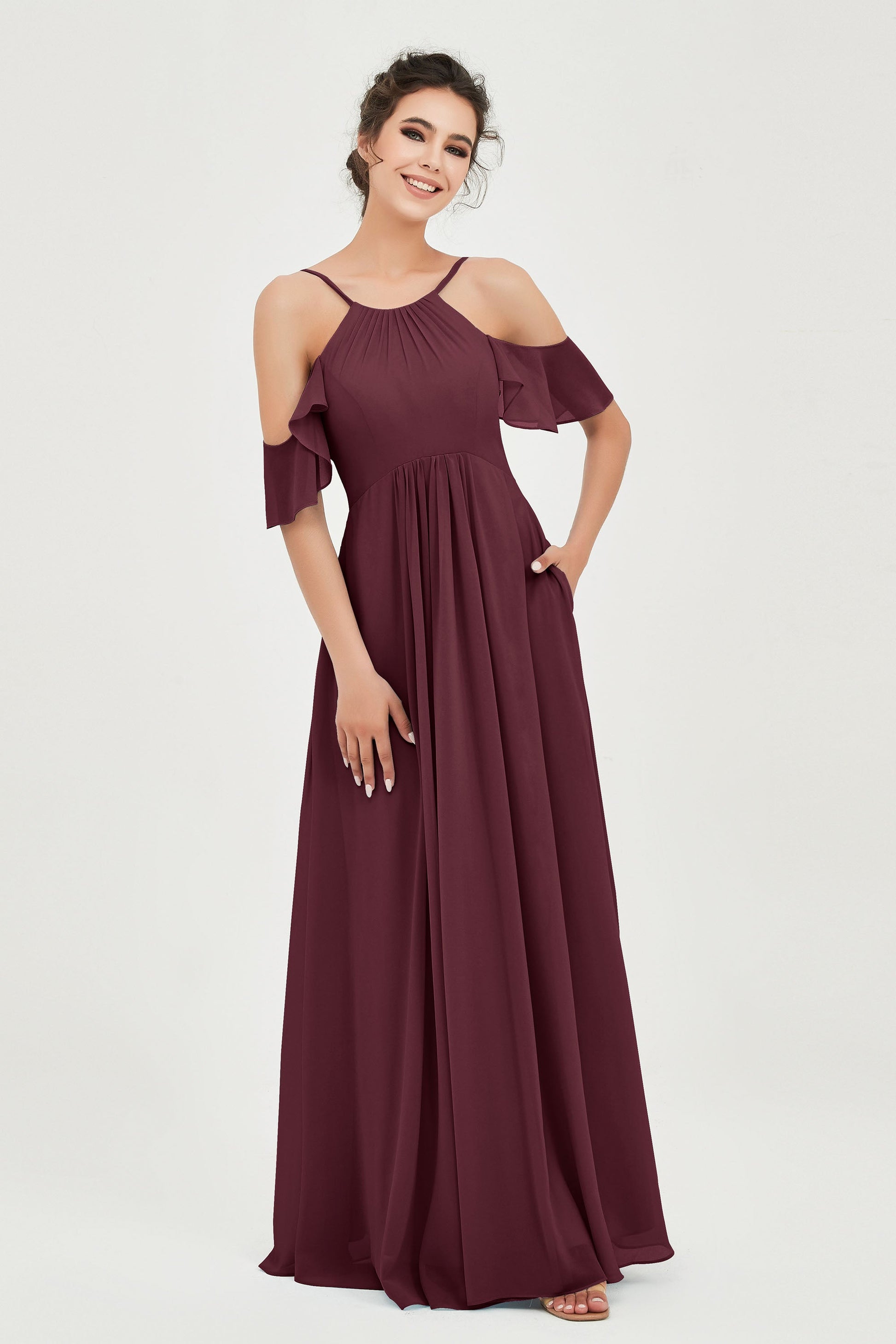 Chiffon off the Shoulder Bridesmaid Dress Pleated Bodice DUNTERY UK Chiffon off the Shoulder Bridesmaid Dress Pleated Bodice DUNTERY UK