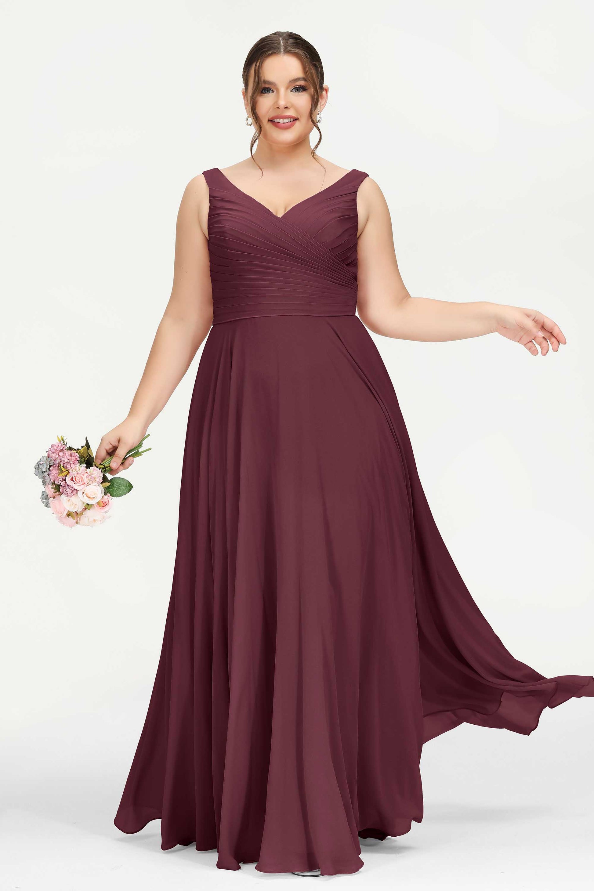 Duntery Pleated Bodice V Neck Chiffon Dress With Bowknot Plus Size Terracotta