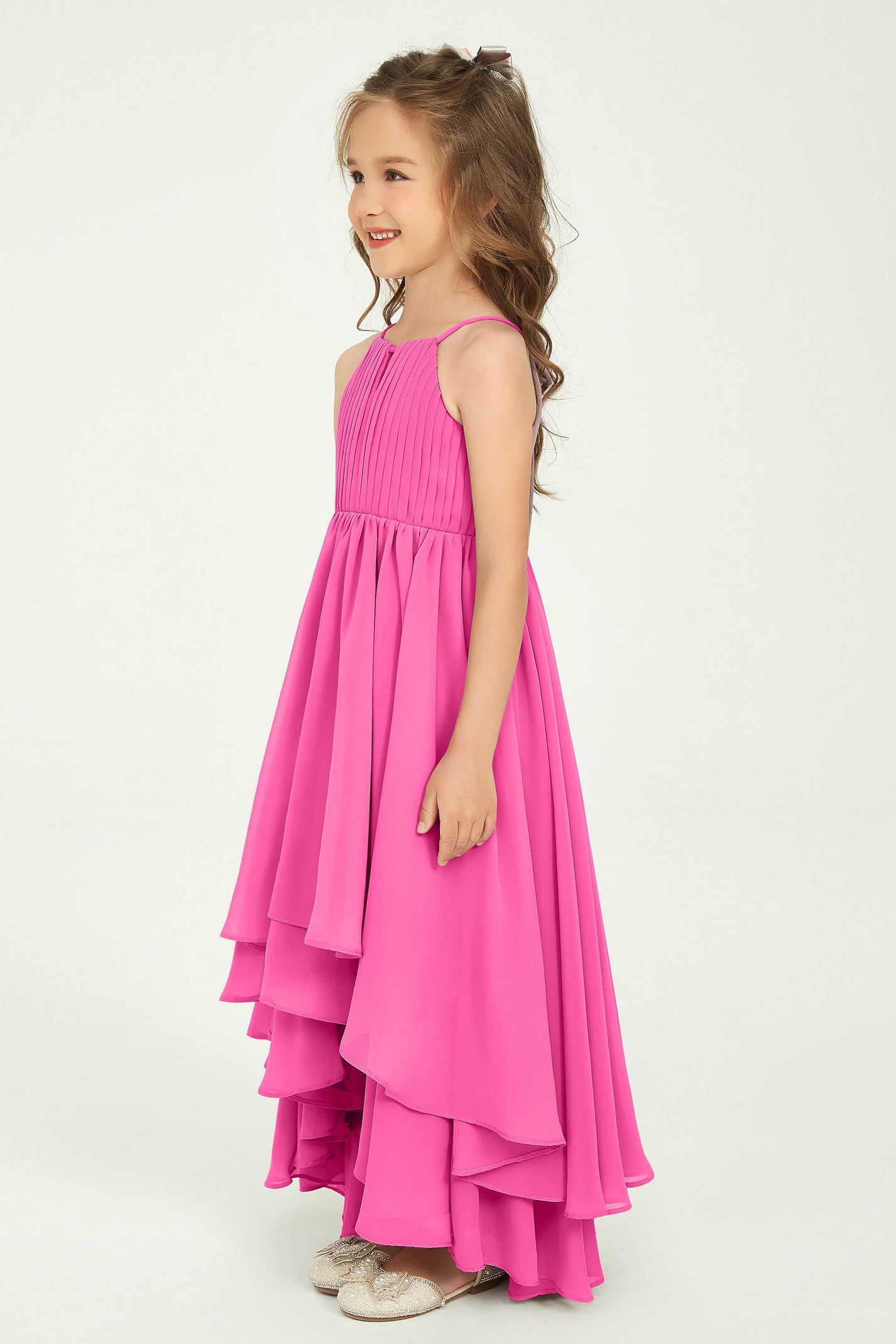 Flutter Sleeves V-neck Asymmetrical Junior Bridesmaid Dresses Stormy main image 0