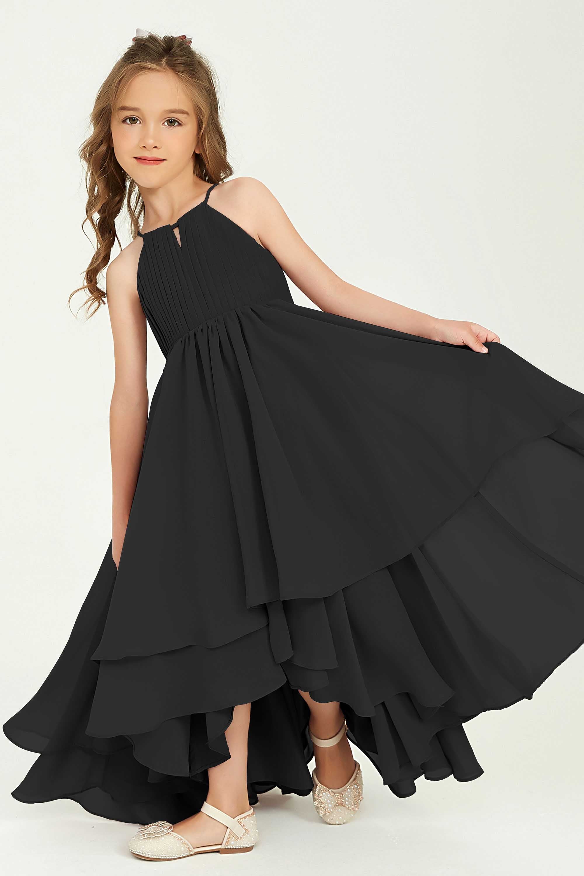 Off-the-shoulder Halter Chiffon Junior Bridesmaid Dress Black