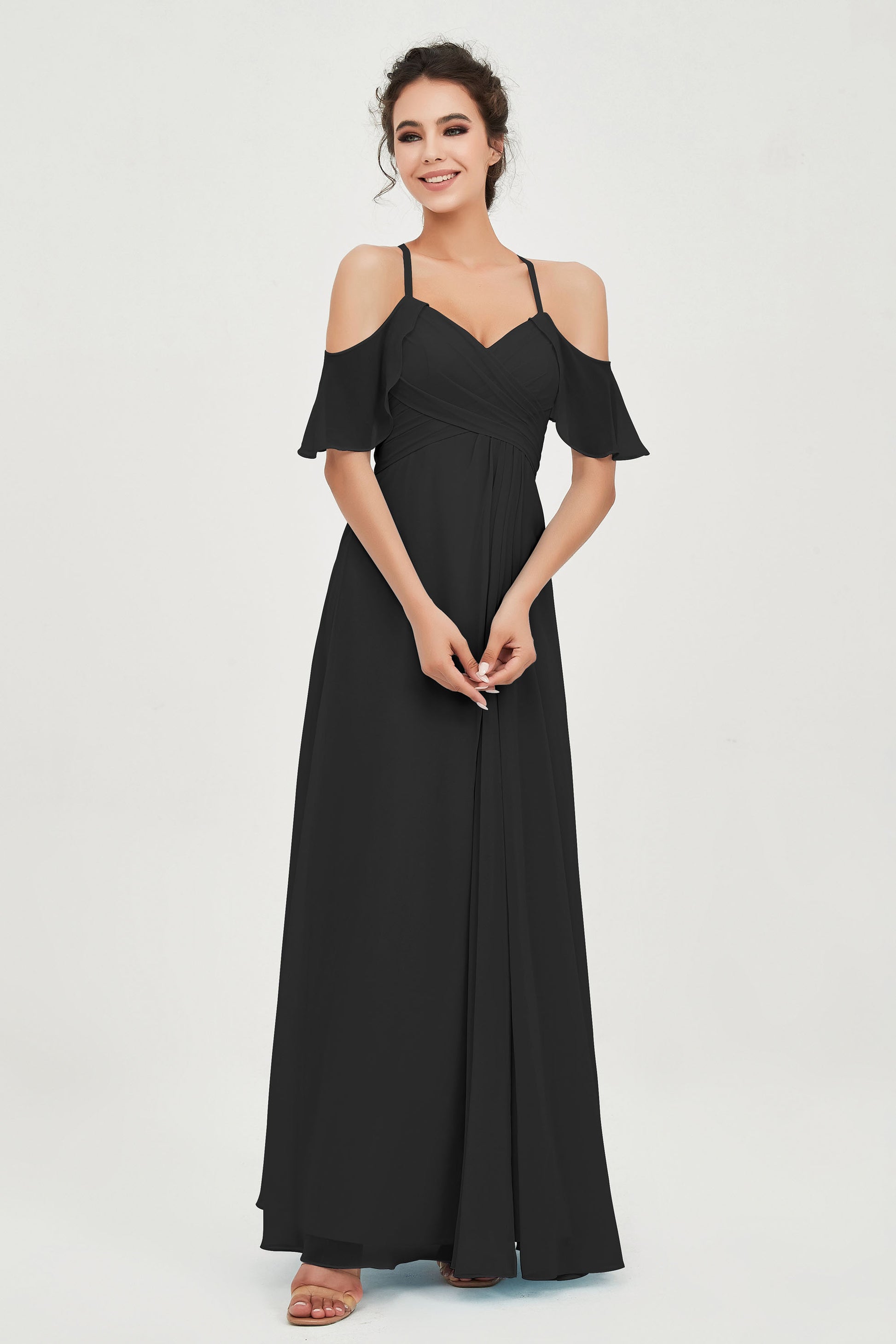 Long Chiffon Bridesmaid Dress Cold Shoulder Flutter Sleeves DUNTERY UK Long Chiffon Bridesmaid Dress Cold Shoulder Flutter Sleeves DUNTERY UK
