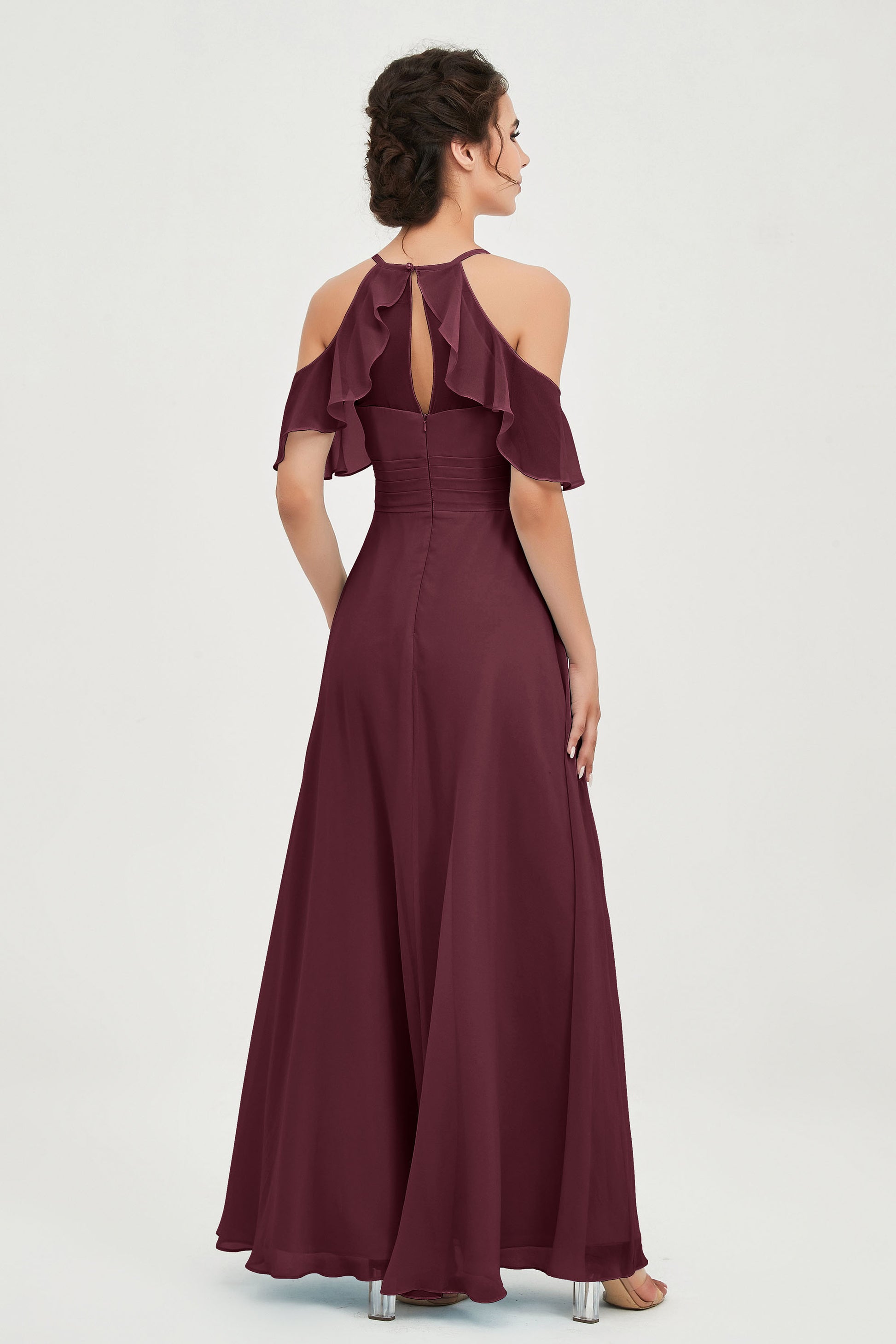 Long Chiffon Bridesmaid Dress Cold Shoulder Flutter Sleeves DUNTERY UK Long Chiffon Bridesmaid Dress Cold Shoulder Flutter Sleeves DUNTERY UK