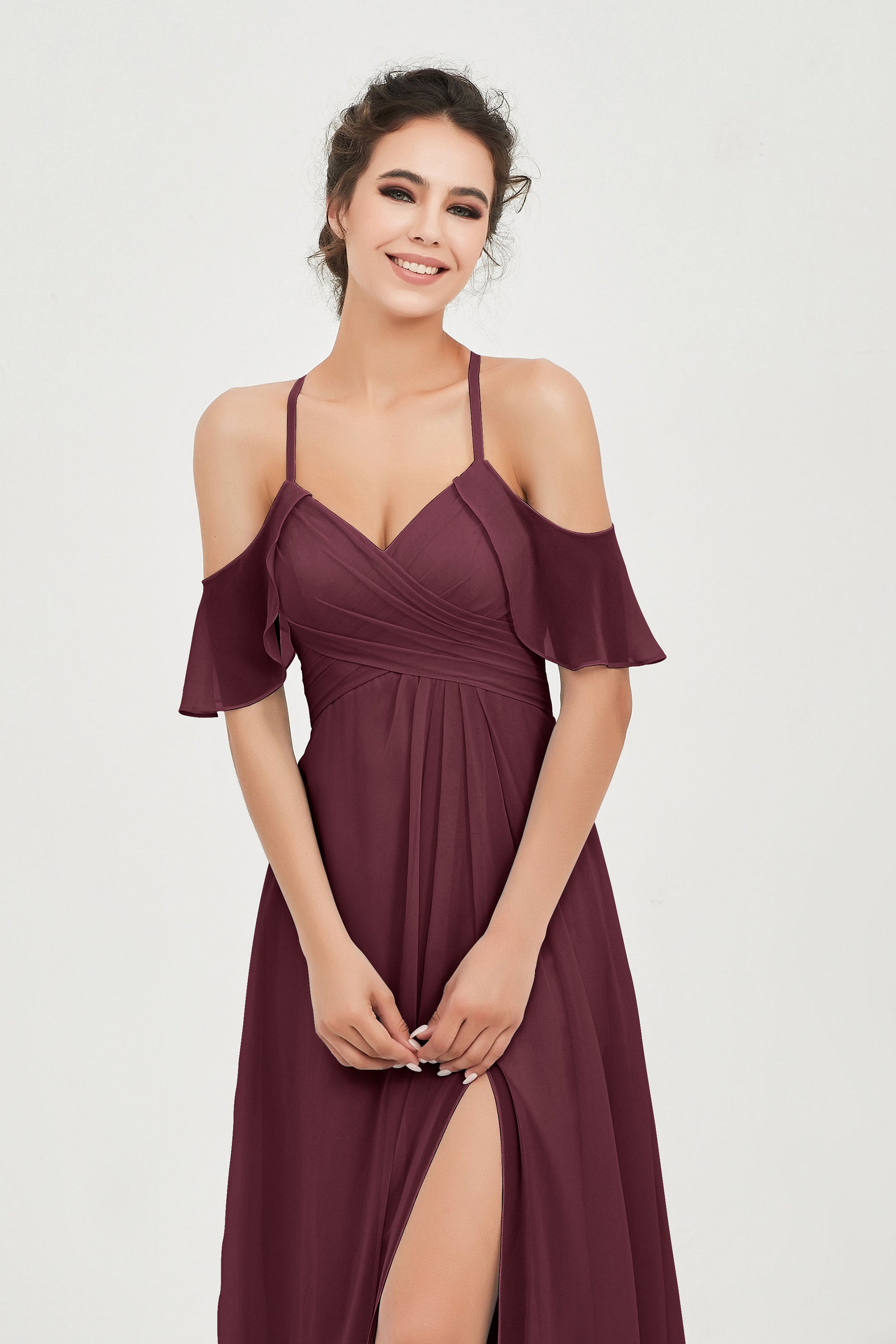 Long Chiffon Bridesmaid Dress Cold Shoulder Flutter Sleeves DUNTERY UK Long Chiffon Bridesmaid Dress Cold Shoulder Flutter Sleeves DUNTERY UK