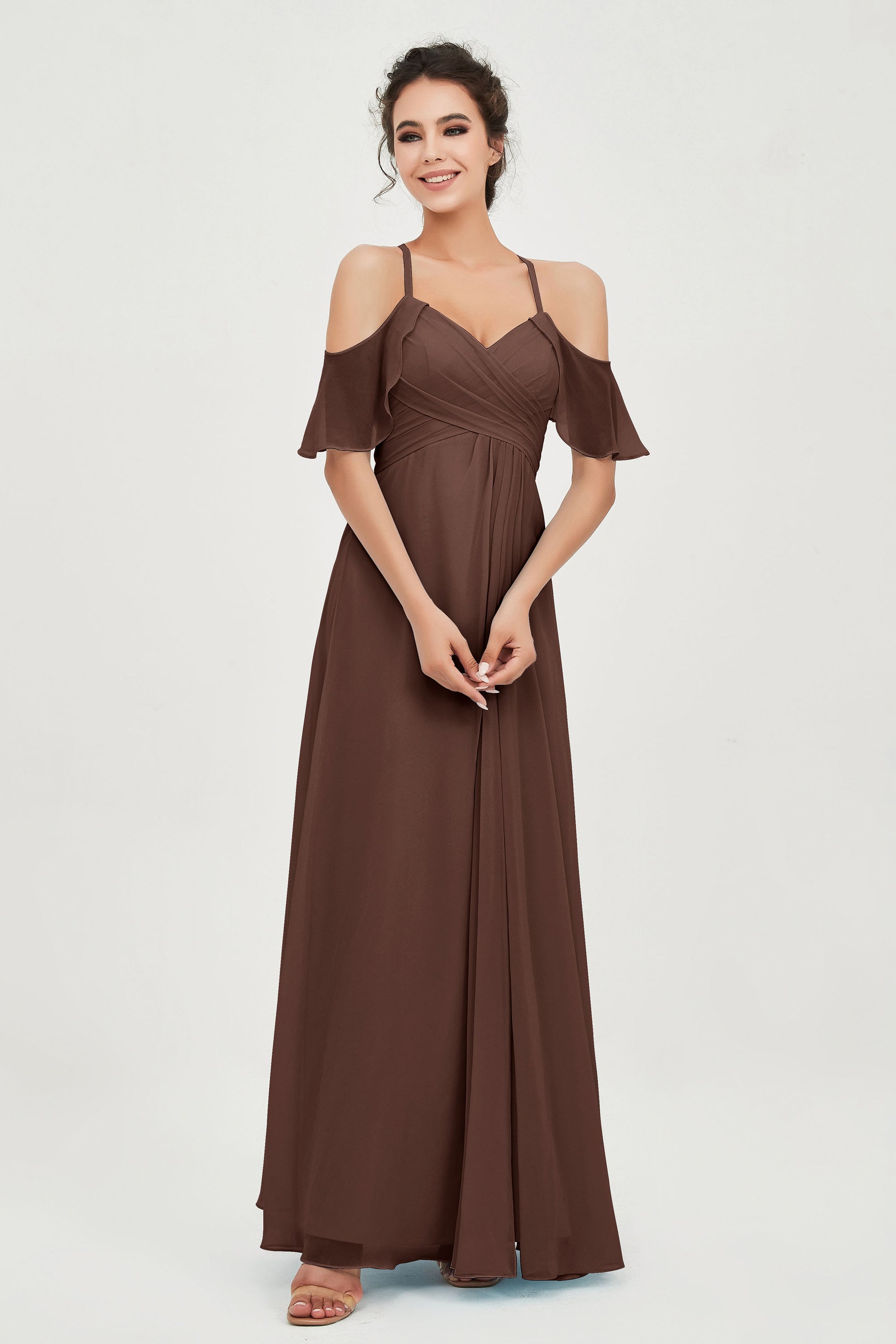 Long Chiffon Bridesmaid Dress Cold Shoulder Flutter Sleeves DUNTERY UK Long Chiffon Bridesmaid Dress Cold Shoulder Flutter Sleeves DUNTERY UK