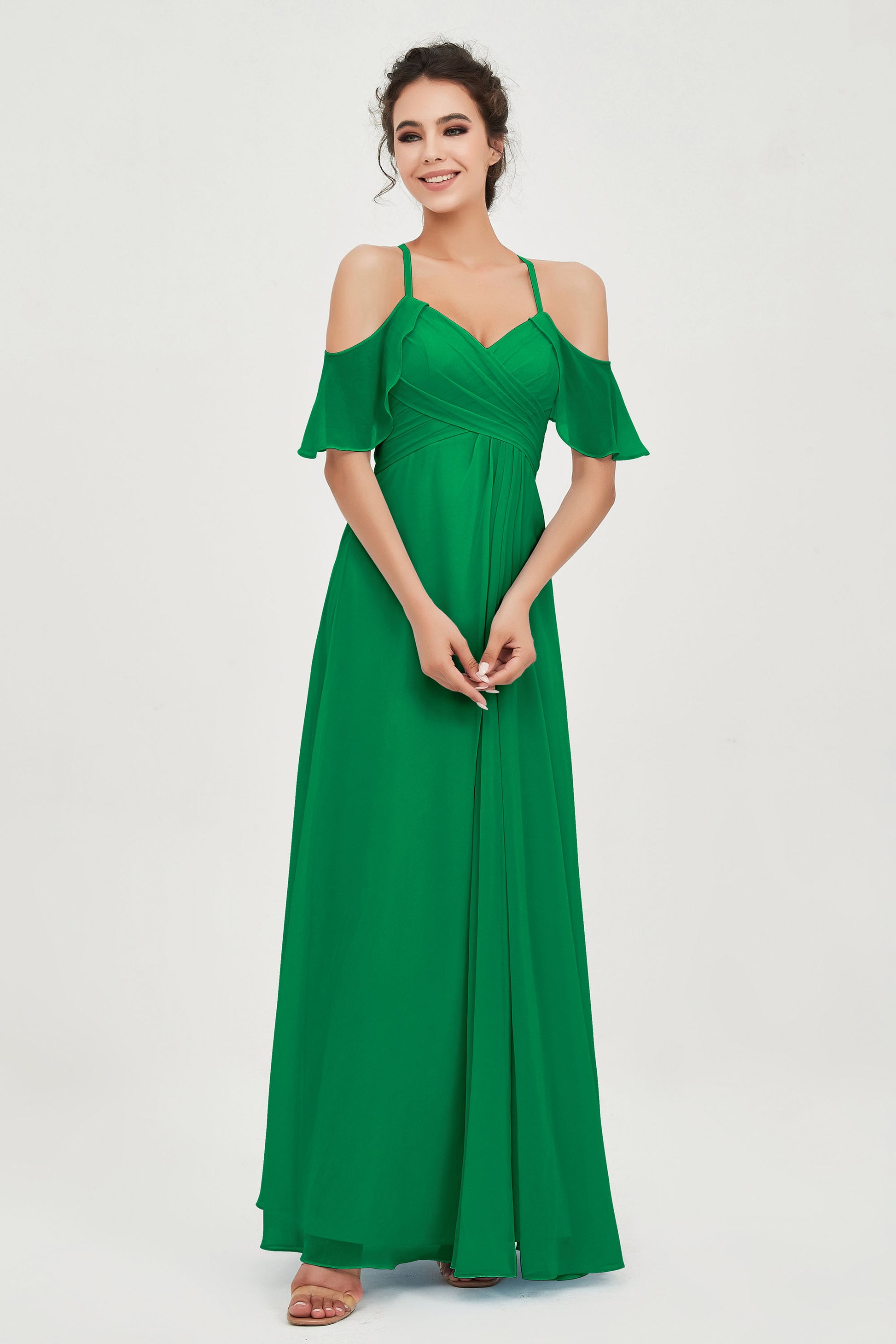 Long Chiffon Bridesmaid Dress Cold Shoulder Flutter Sleeves DUNTERY UK Long Chiffon Bridesmaid Dress Cold Shoulder Flutter Sleeves DUNTERY UK