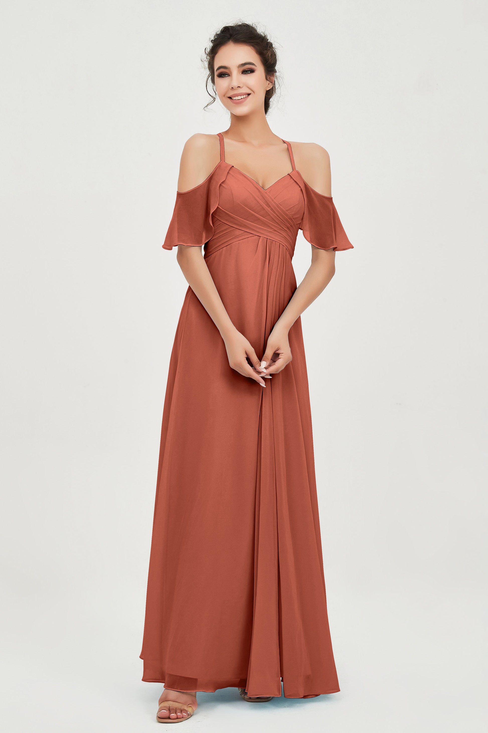 Long Chiffon Bridesmaid Dress Cold Shoulder Flutter Sleeves
